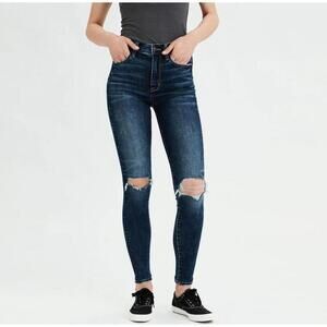 American Eagle Distressed Super Stretch Hi Rise Jegging Jeans Med Blue 6 Womens